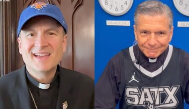 New York Archbishop Ronald Hicks, left, and San Antonio Archbishop Gustavo García-Siller on June 3, 2026, issued their wagers over who will win the NBA Finals, the San Antonio Spurs or the New York Knicks.