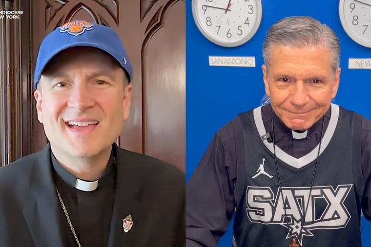 New York Archbishop Ronald Hicks, left, and San Antonio Archbishop Gustavo García-Siller on June 3, 2026, issued their wagers over who will win the NBA Finals, the San Antonio Spurs or the New York Knicks.