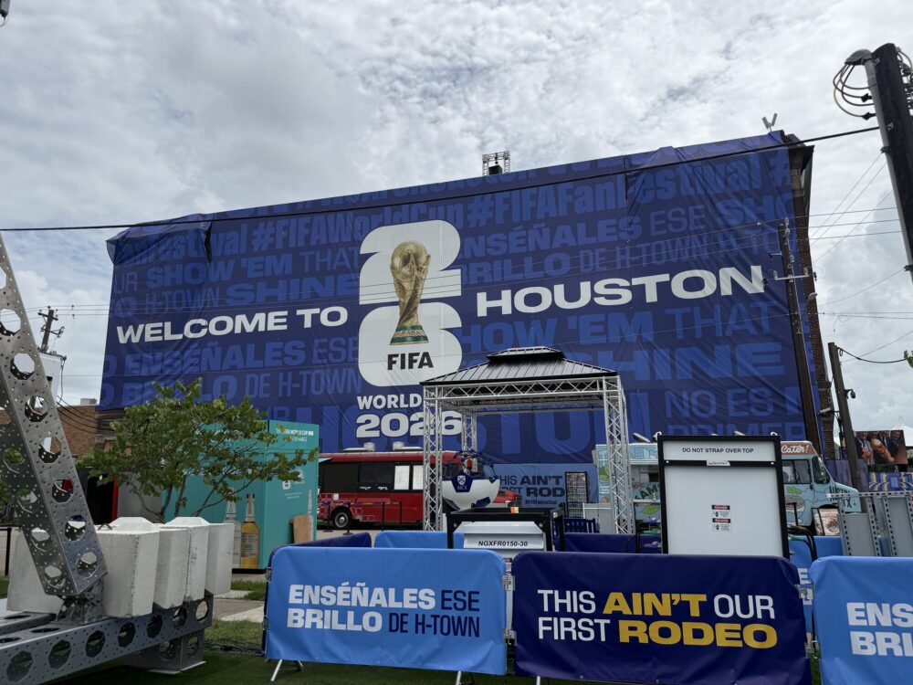 A FIFA World Cup sign says "Welcome to Houston"