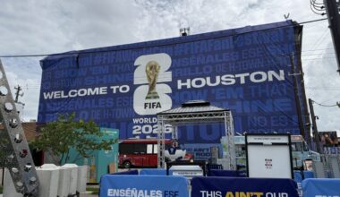 A FIFA World Cup sign says "Welcome to Houston"