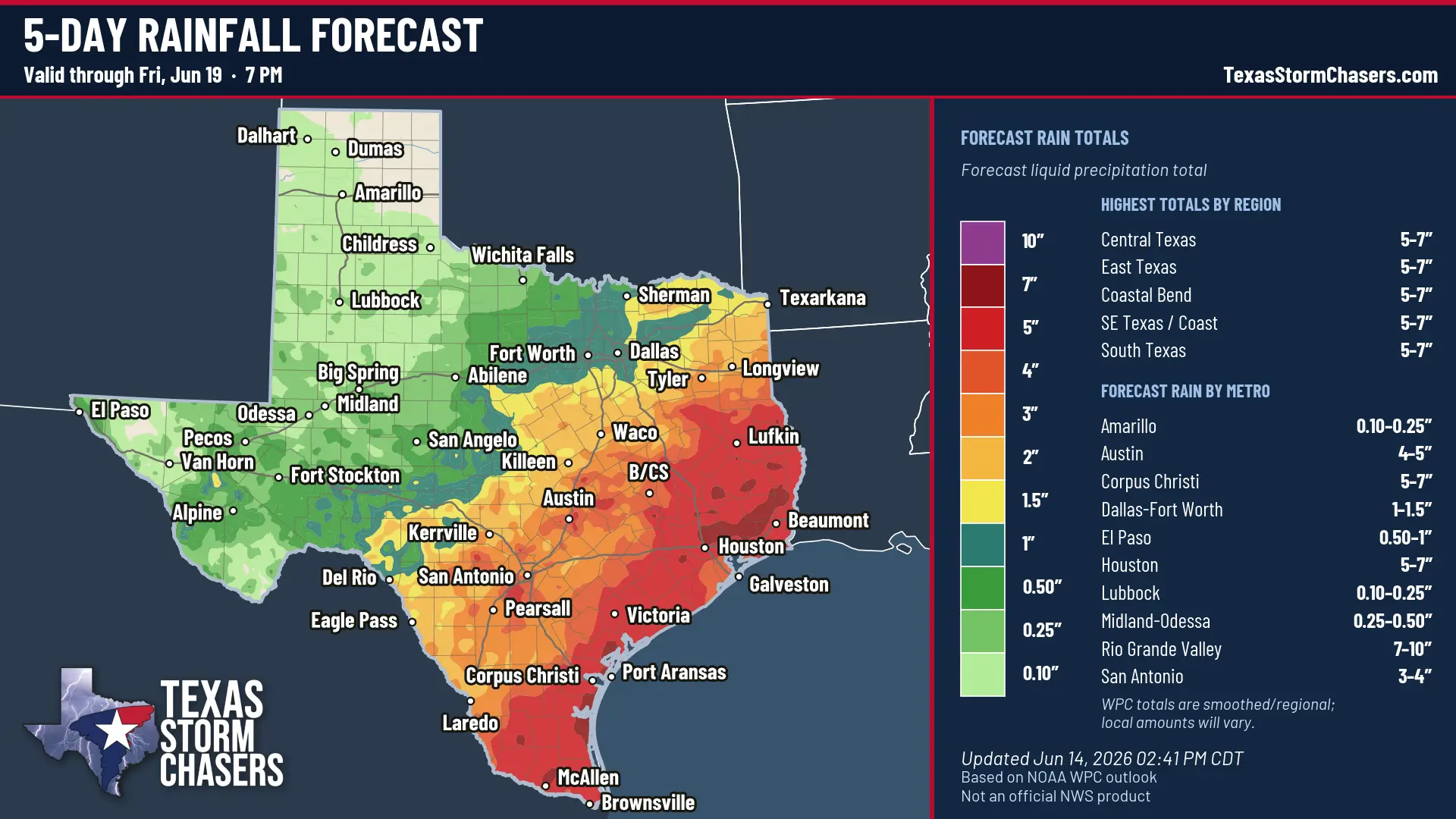 Five-day Texas rainfall forecast valid through Friday evening, June 19, showing heavy rain totals across Central, South, Southeast, and East Texas.