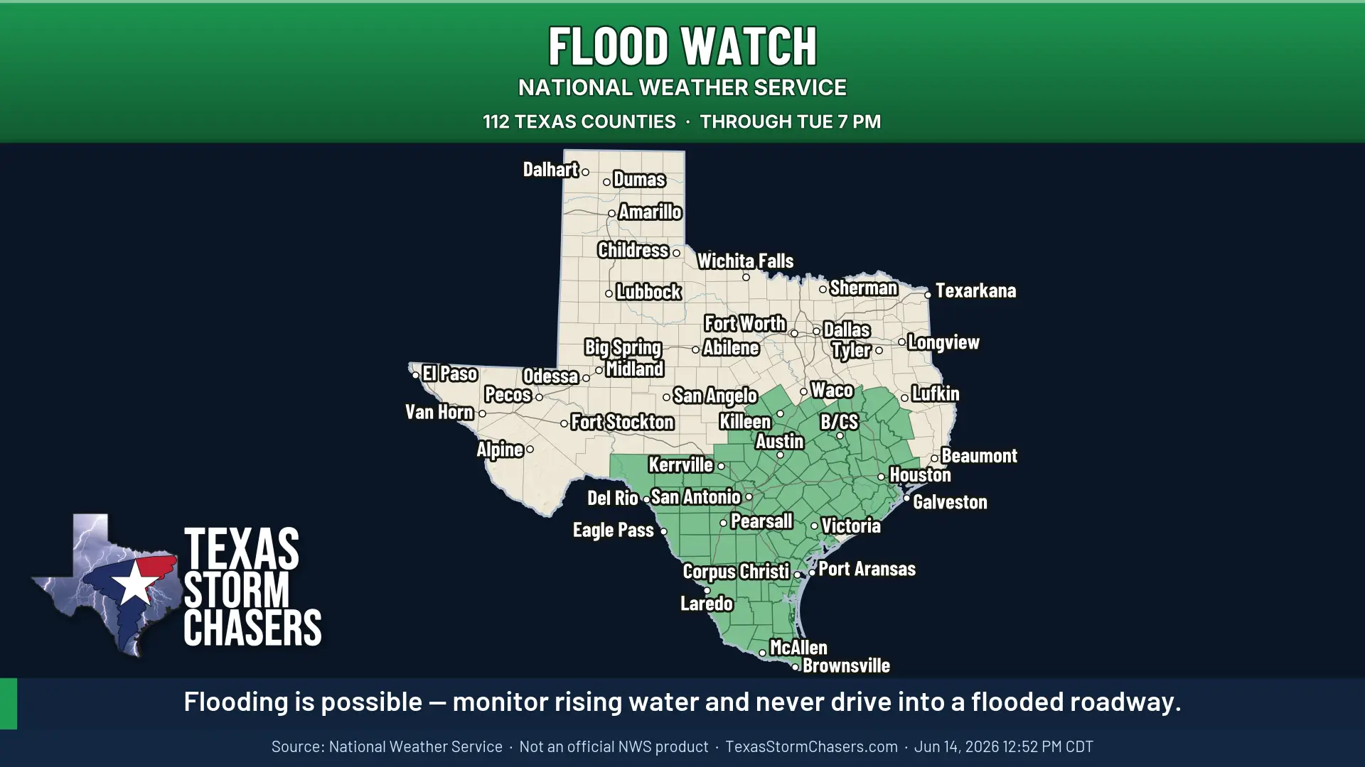 Flood Watch map for 112 Texas counties through Tuesday evening, showing watch areas across South Texas, Central Texas, Southeast Texas, and the Coastal Bend.