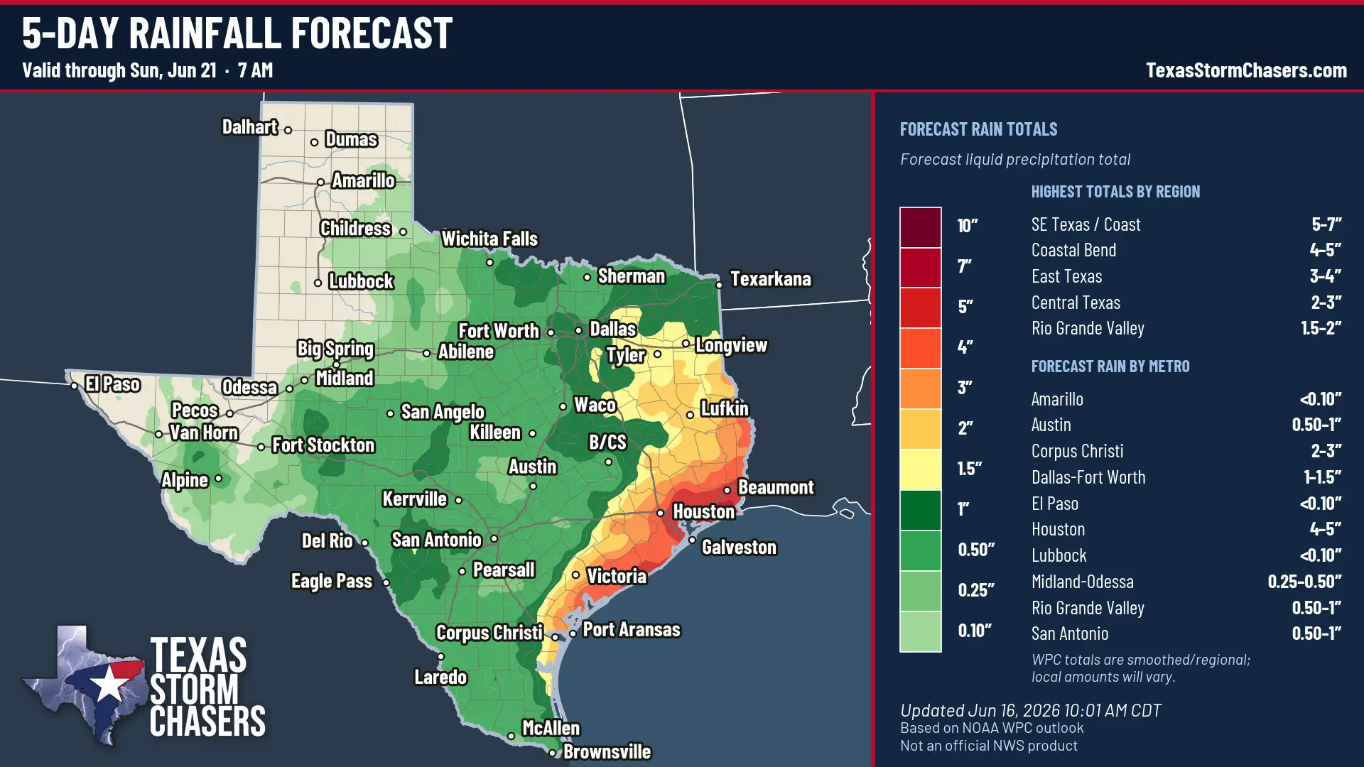 Five-day Texas rainfall forecast valid through Sunday morning, June 21, showing the heaviest rain totals along the Southeast Texas coast and coastal plain.
