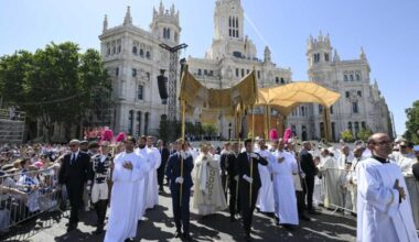 Pope Leo carries the Eucharist in Plaza de Cibeles in Madrid on Corpus Christi Sunday, June 7, 2026.