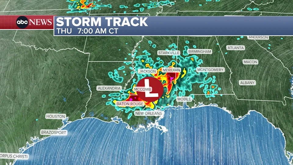 ABC News - PHOTO: At 7am Thursday, the storm will bring heavy, potentially flooding rain to the Baton Rouge and Meridian areas.