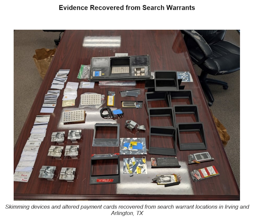 Skimming devices and altered payment cards recovered from search warrant locations in Irving...