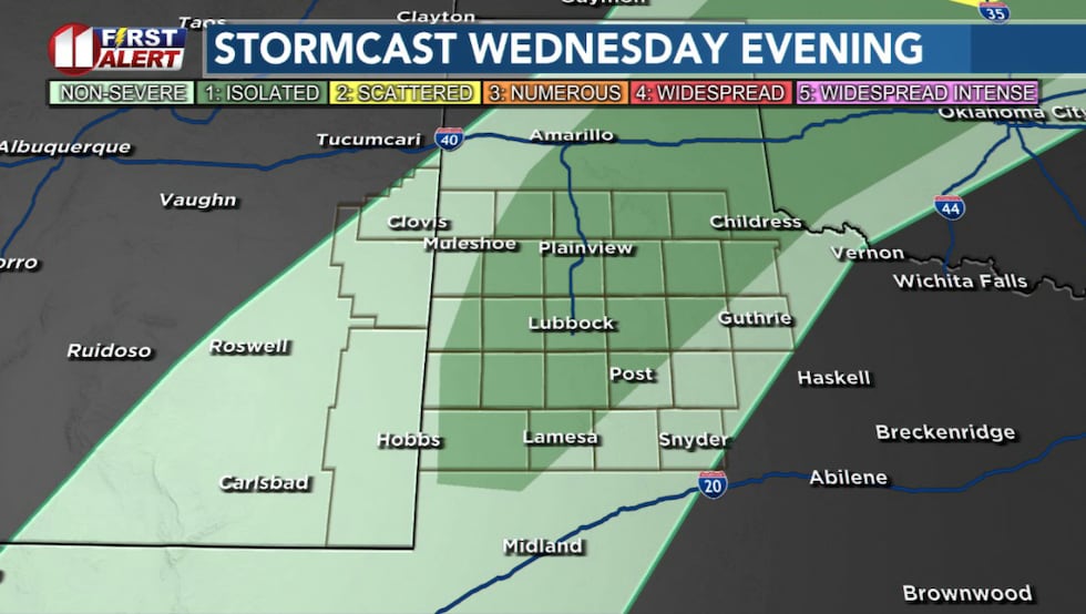 A few storms, possibly severe, are possible this evening in the KCBD/FOX34 area.