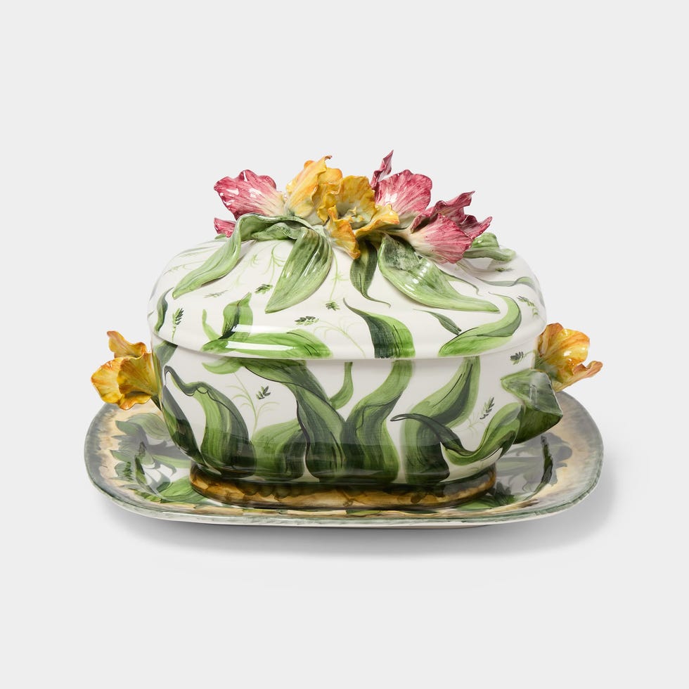 Abask Fioravola Tulips Majolica Ceramic Lidded Serving Dish