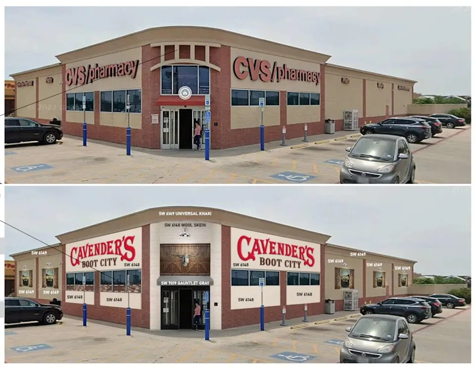 An artistic rendering shows how a new Cavender's Boot City store could transform a corner building that once housed a CVS Pharmacy in western Edinburg, in the Rio Grande Valley. (Courtesy Edinburg Economic Development Corporation)