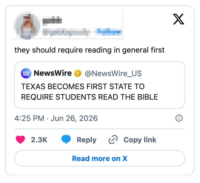 Tweet discussing a post by NewsWire about Texas being the first state to require students to read the Bible