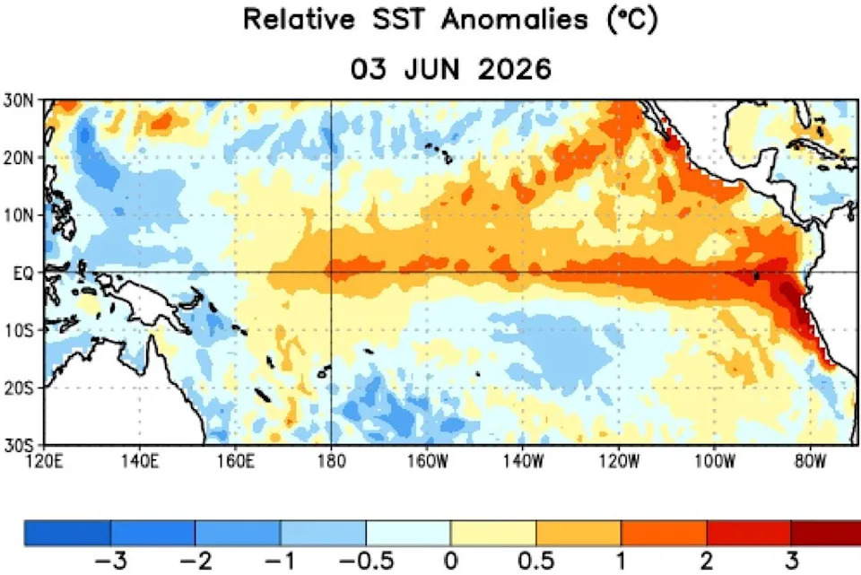 This map of sea-surface temperature anomalies in the Pacific Ocean, as of June 3, shows that the tropical waters of the eastern Pacific are warmer than the long-term average, indicating the presence of El Niño. (Climate Prediction Center/National Oceanic and Atmospheric Administration)