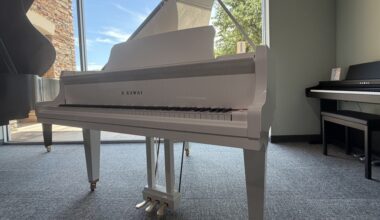 A Kawai piano inside the showroom of North Texas Piano Gallery.