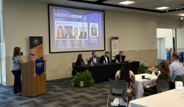 Panelists at the Hutto Area Chamber of Commerce Executive Leadership Forum were (left to right) Jana Spruce, Andrew Bennett, Gordon Kellerman and Mike Reeser. (Jillian Nachtigal/Community Impact)