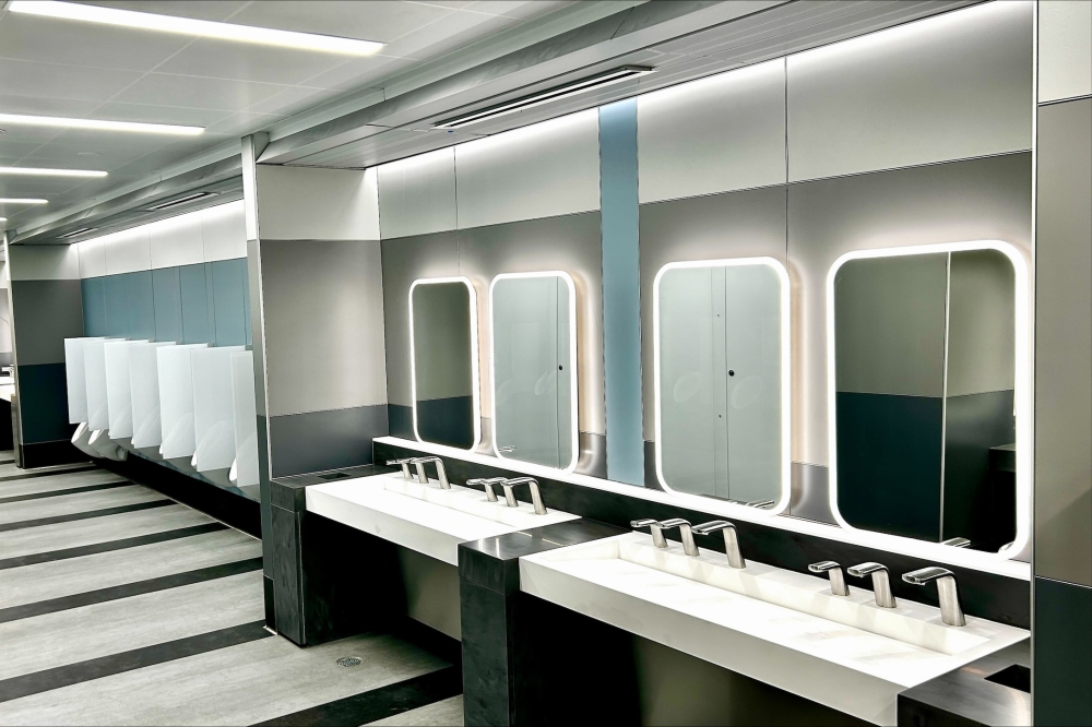 Some remodeled bathrooms at William P. Hobby Airport are now open. The updates, which are being made at both Hobby and George Bush Intercontinental Airport, include new lighting, upgraded fixtures and larger stalls. (Courtesy Houston Airports)