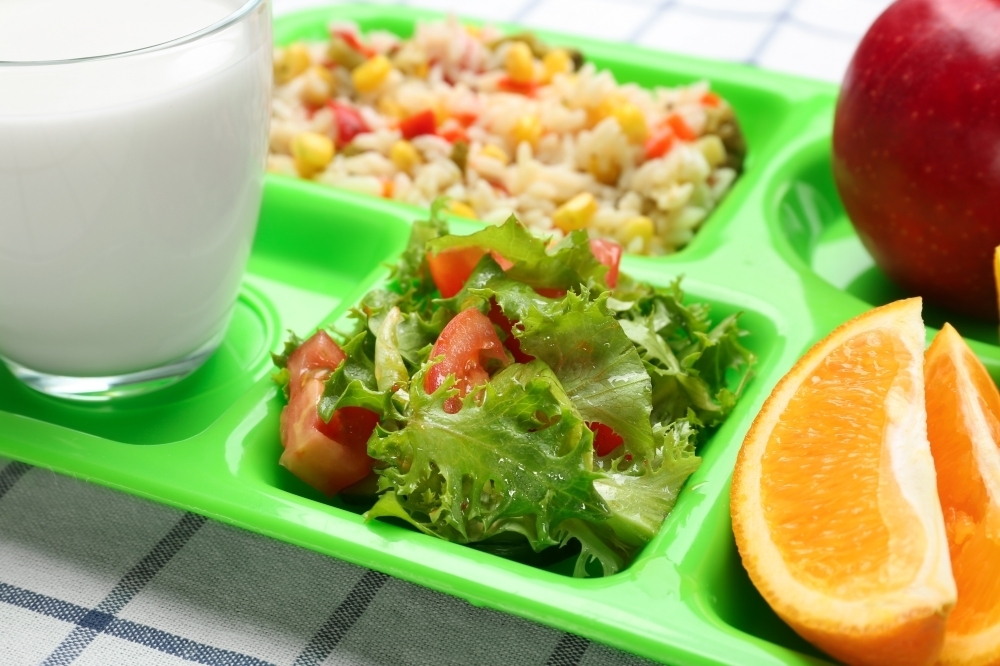 school lunch on a green tray