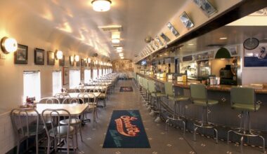 Classic diner-style restaurant with tables on the left side of the building, bar seating on the right side