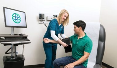 a doctor taking a patient's blood pressure