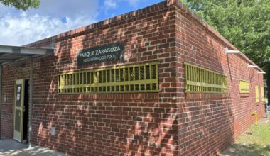 The renovated Parque Zaragoza Neighborhood Pool bathhouse at 2611 Webberville Road in East Austin was unveiled June 10. (Jessica McLaren/Community Impact)