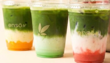 Three matcha beverages in a diagonal line, each with a different drink base
