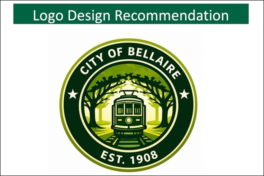 The logo design recommendation encompasses the Bellaire trolley, encompassed by a large oak arch. (Courtesy Bellaire Culture & Arts Board)