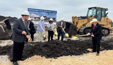 Officials and Veterans Affairs representatives broke ground on the $44.5 million facility June 18. (Brooke Sjoberg/Community Impact)