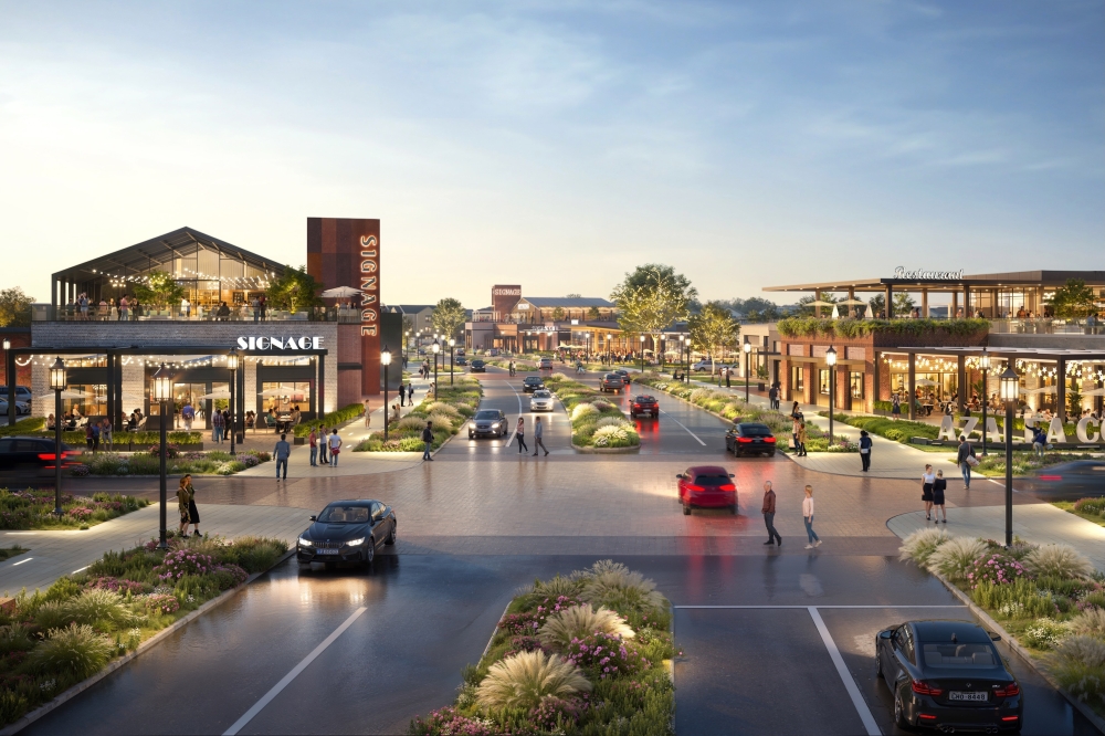Rendering of the Azalea District with roads, cars, trees and buildings