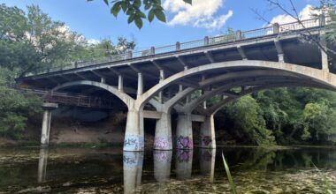 The Barton Springs Road Bridge spans Barton Creek near Zilker Park in Austin, Texas. The now 100-year-old 1926 concrete arch structure is slated for replacement by the city of Austin. (Jessica McLaren/Community Impact)