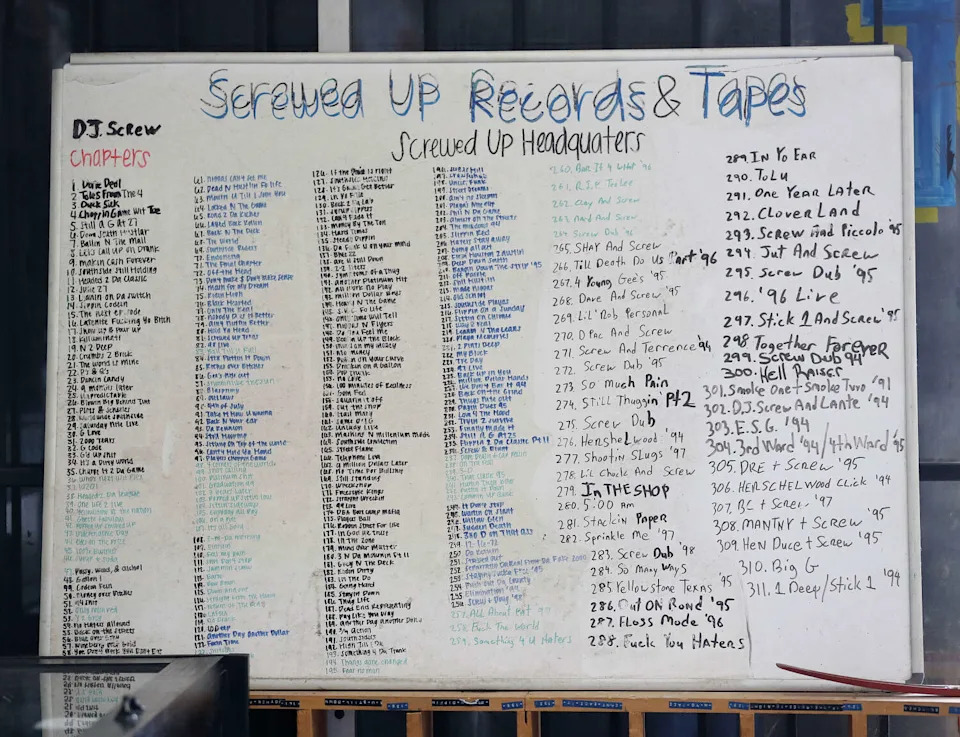 Detail of all of DJ Screw's singles written out on a board at Screwed Up Records and Tapes ( Karen Warren / Houston Chronicle ) (Photo by Karen Warren/Houston Chronicle via Getty Images) (Houston Chronicle/Hearst Newspap/Houston Chronicle via Getty Imag)