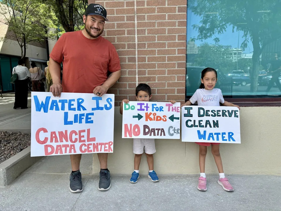 Ismael Ortiz and his children, Miles and Lake, were among the dozens of residents who turned out for the El Paso City Council meeting Tuesday, June 9, 2026, in support of a proposal to cancel tax incentives for the massive Meta data center in Northeast El Paso.