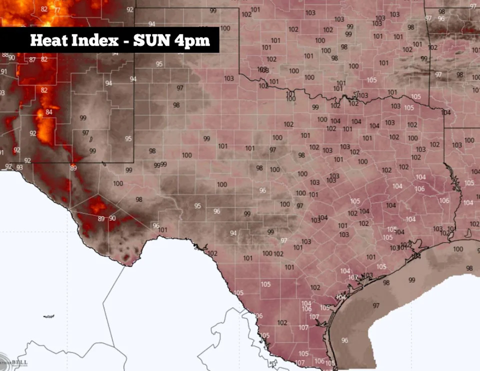 Shown are the expected heat index values across Texas at 4 p.m. Sunday afternoon. (WeatherBell)