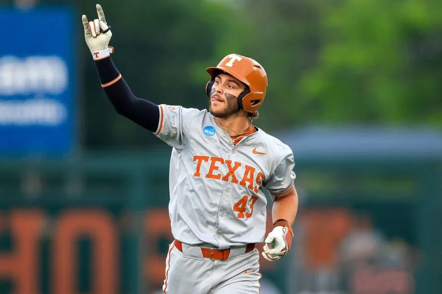 AUSTIN, TX – JUNE 07: Texas Longhorns outfielder Aiden Robbins (43) celebrates after hitting a home run during the NCAA Super Regional college baseball game between the Texas Longhorns and the Oregon Ducks on June 7, 2026 at UFCU Disch-Falk Field in Austin, TX.(Photo by Adam Davis/Icon Sportswire via Getty Images)