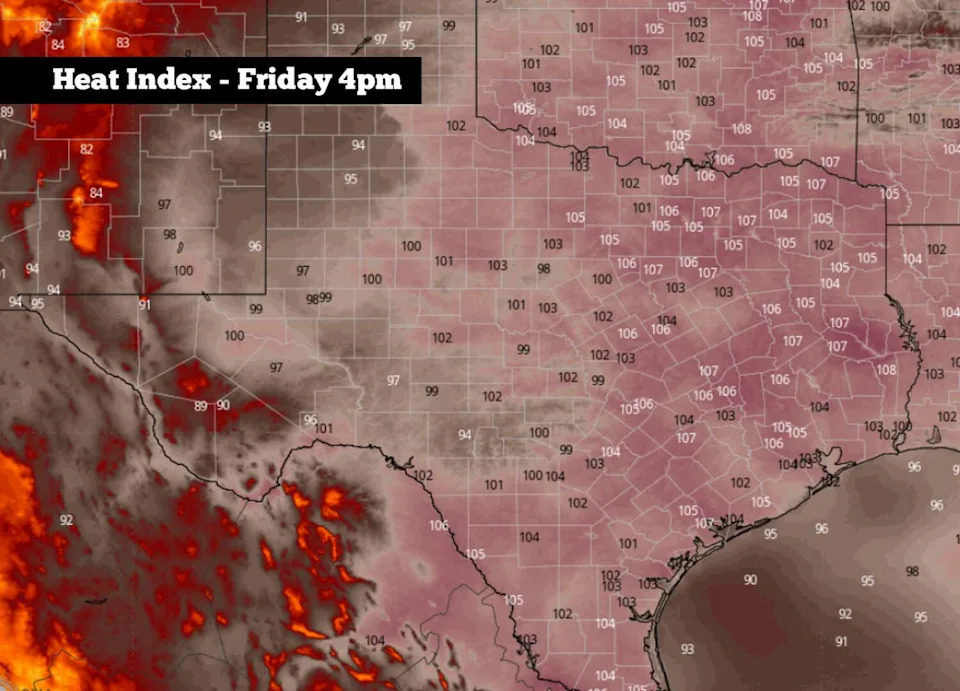 Shown are the potential heat index values across Texas on Friday, according to the National Blend of Models. (WeatherBell)