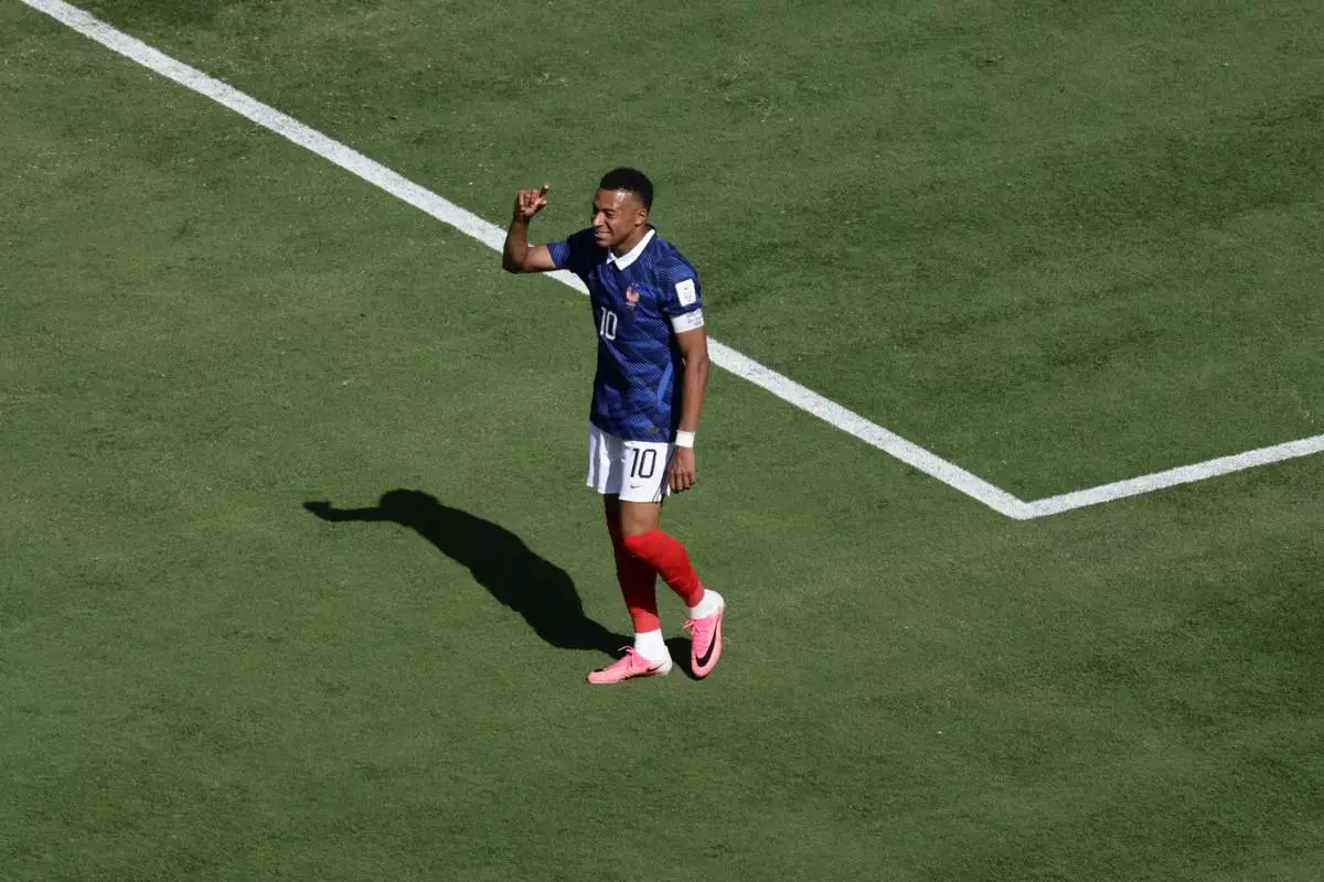 France's Kylian Mbappe reacts during the World Cup Group I soccer match between France and Senegal in East Rutherford, N.J., near New York, Tuesday, June 16, 2026. (AP Photo/Adam Hunger)