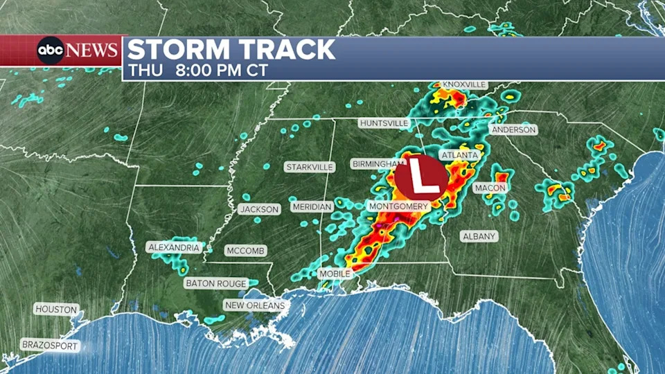 ABC News - PHOTO: 8pm Thursday, heavy rain from Atlanta to Montgomery to Mobile.