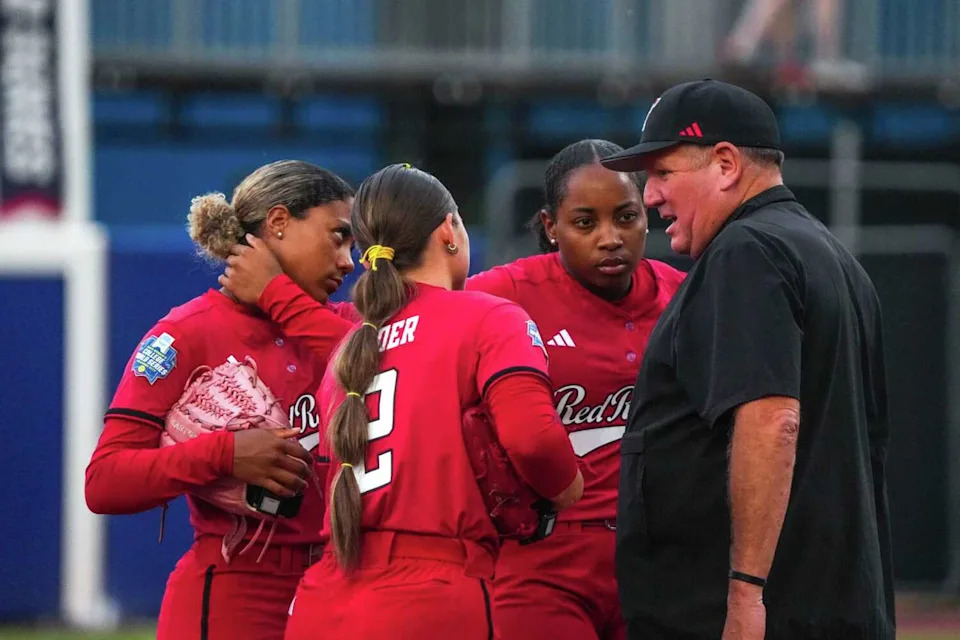 Texas Tech Gerry Glasco talk to his pllayers during game three of the NCAA Women’s College World Series against the Texas Longhorns at Devon Park on Friday, June 6, 2025 in Oklahoma City, Oklahoma. (Aaron E. Martinez / American Statesman)