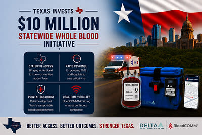 Delta Development Team's blood storage technology and BloodCOMM® monitoring support Texas' $10 million statewide whole blood initiative.