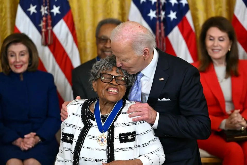 US President Joe Biden presents the Presidential Medal of Freedom to US retired teacher and activist Opal Lee