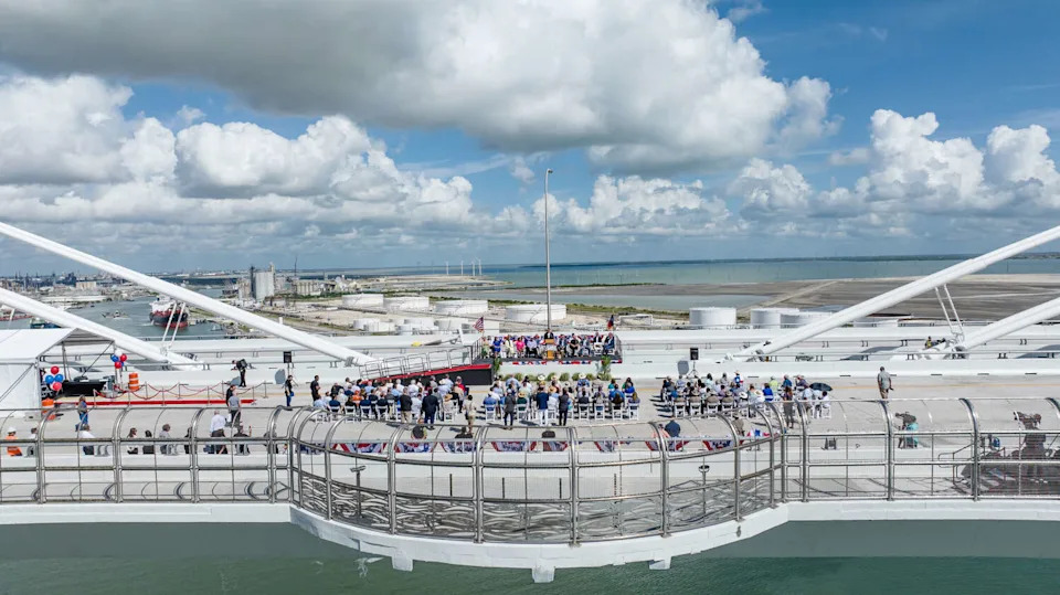 A pedestrian observation deck can be seen at the center of the new Corpus Christi Harbor Bridge during a ribbon cutting event on June 28, 2025. The bridge has been named the scariest in Texas, according to a new survey of more than 3,000 cyclists across the country. (Courtesy Harbor Bridge and TxDOT)