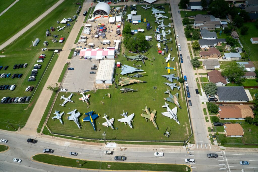 Aerial view of aircraft display and family festival for Independence Day.