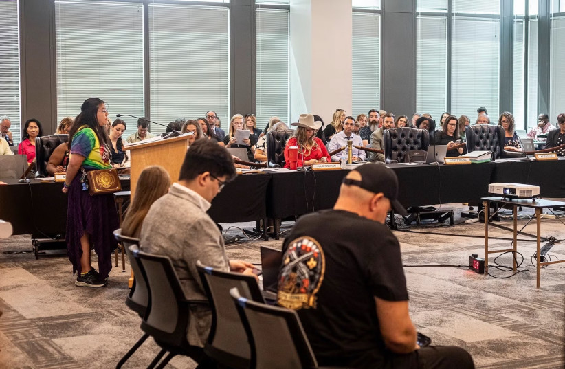 Certified elementary school librarian Sarah Pepin speaks at a State Board of Education meeting in Austin on June 22, 2026.