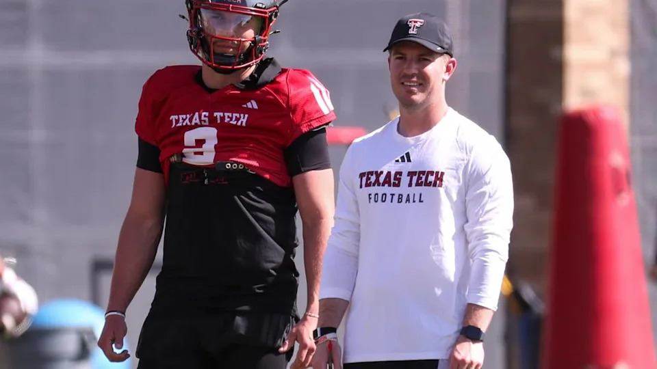 Texas Tech's Brendan Sorsby and offensive coordinator Mack Leftwich look on during spring football practice, Thursday, March 26, 2026, at the Womble Football Center.© Nathan Giese/Avalanche-Journal / USA TODAY NETWORK via Imagn Images