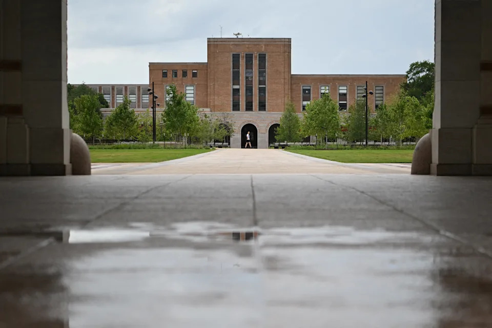 A person walks through the campus of Rice University in Houston, Texas, U.S. May 26, 2025.