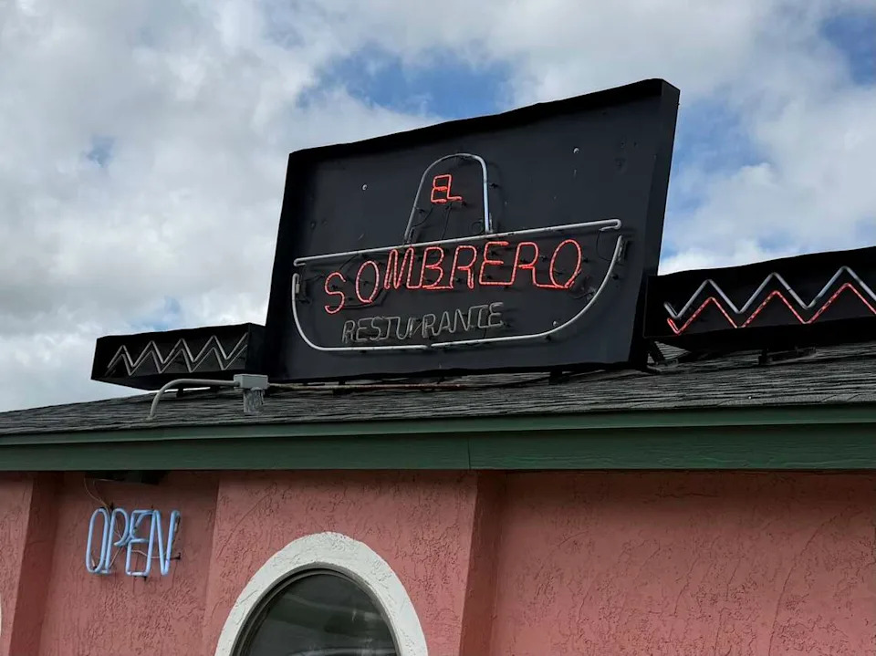 The simple neon sign at El Sombrero Restaurant, open since 1992 in Saginaw, Texas, as seen June 6, 2026.