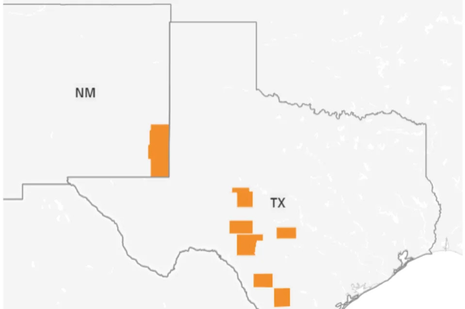 Map from the U.S. Department of Agriculture shows impacted areas in New Mexico and Texas.