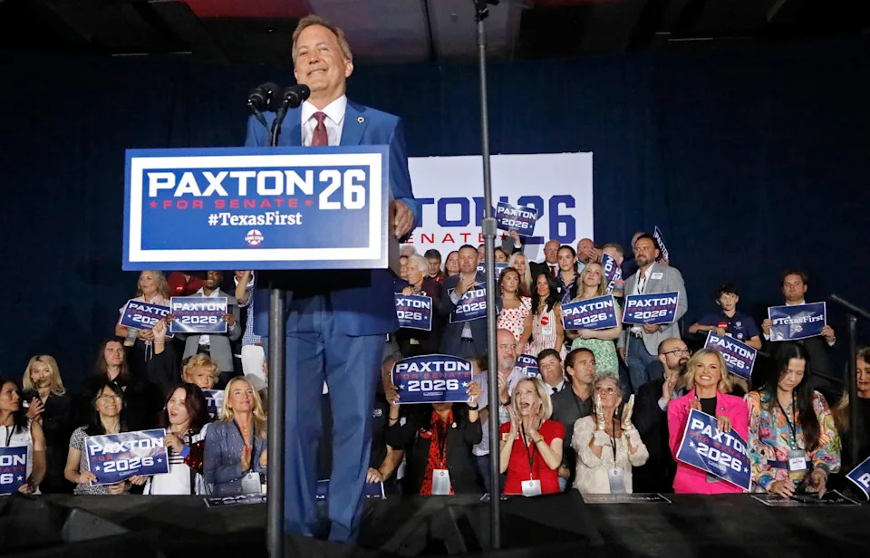 PLANO, TEXAS - MAY 26: Attorney General Ken Paxton speaks at an election night watch party held by the Lone Star Liberty PAC at the Dallas/Plano Marriott at Legacy Town Center on May 26, 2026 in Plano, Texas. Paxton defeated Sen. John Cornyn (R-TX) in a Senate primary runoff election and will face Democrat James Talarico in the November general election.