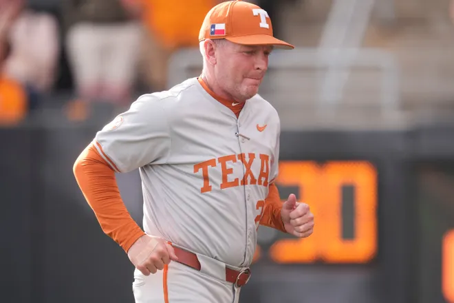 Texas baseball coach Jim Schlossnagle during the NCAA college baseball game against Tennessee in Knoxville, Tennessee on May 8, 2026.