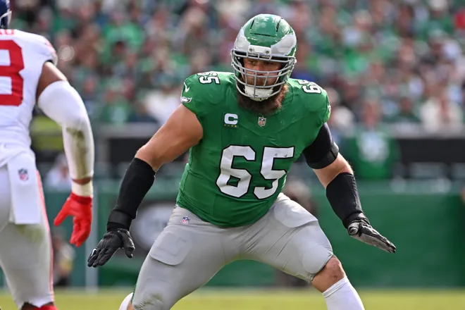 Oct 26, 2025; Philadelphia, Pennsylvania, USA; Philadelphia Eagles offensive tackle Lane Johnson (65) against the New York Giants at Lincoln Financial Field. Mandatory Credit: Eric Hartline-Imagn Images