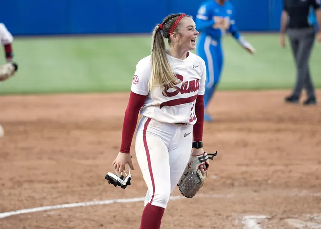 May 28, 2026; Oklahoma City, OK, USA; Alabama Crimson Tide starting pitcher Jocelyn Briski (23) smiles after her team defeated the UCLA Bruins during the NCAA Women’s College World Series at Devon Park. Mandatory Credit: Brett Rojo-Imagn Images