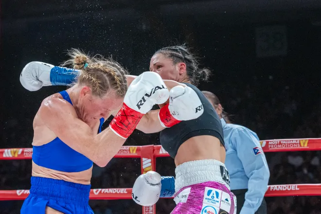 Stephanie Han and Holly Holm compete for the WBA lightweight world championship Saturday, May 30, 2026, at the El Paso County Coliseum in El Paso, Texas.