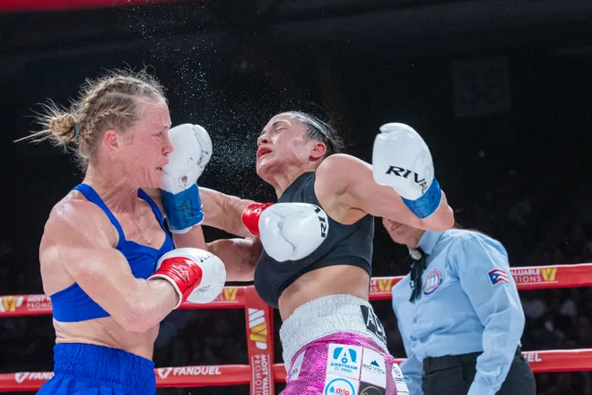 Stephanie Han and Holly Holm compete for the WBA lightweight world championship Saturday, May 30, 2026, at the El Paso County Coliseum in El Paso, Texas.